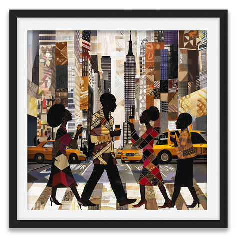 Abstract digital art print of Manhattan morning rush hour with Black figures walking to work, holding coffee cups, with yellow cabs and NYC skyscrapers in the background.