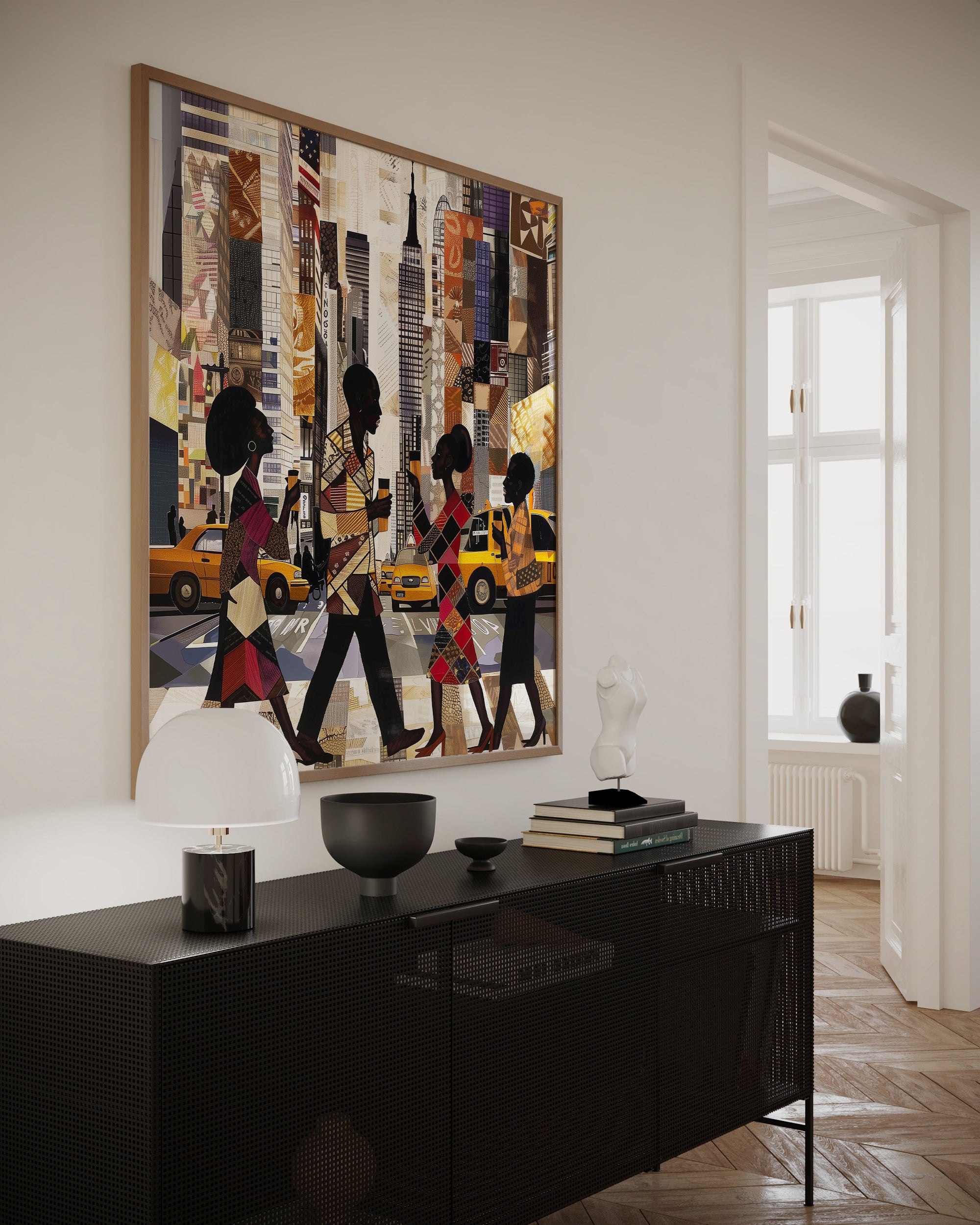 Abstract digital art print of Manhattan morning rush hour with Black figures walking to work, holding coffee cups, with yellow cabs and NYC skyscrapers in the background.