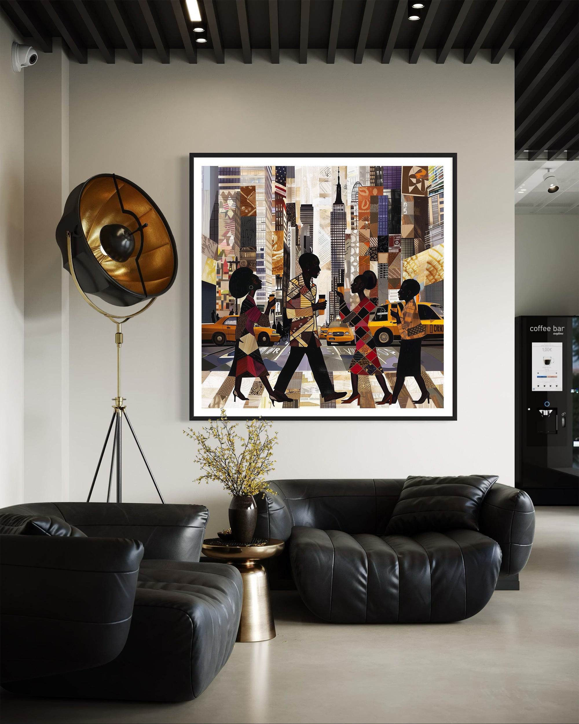 Abstract digital art print of Manhattan morning rush hour with Black figures walking to work, holding coffee cups, with yellow cabs and NYC skyscrapers in the background.