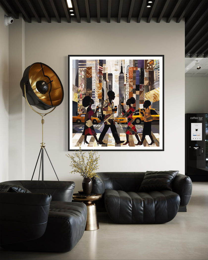 Abstract digital art print of Manhattan morning rush hour with Black figures walking to work, holding coffee cups, with yellow cabs and NYC skyscrapers in the background.