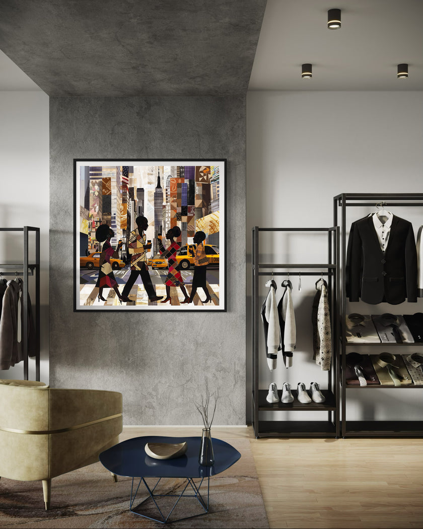 Abstract digital art print of Manhattan morning rush hour with Black figures walking to work, holding coffee cups, with yellow cabs and NYC skyscrapers in the background.