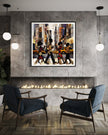 Abstract digital art print of Manhattan morning rush hour with Black figures walking to work, holding coffee cups, with yellow cabs and NYC skyscrapers in the background.
