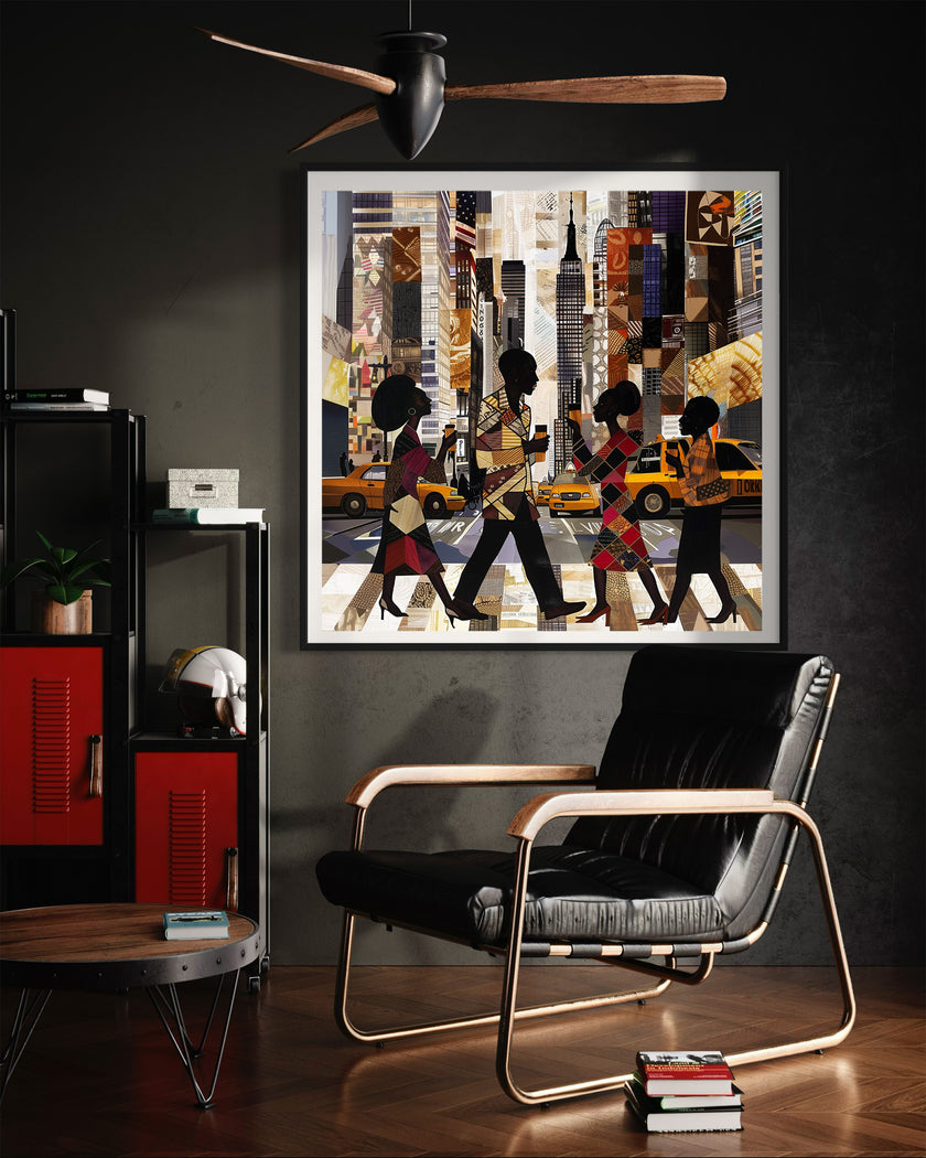 Abstract digital art print of Manhattan morning rush hour with Black figures walking to work, holding coffee cups, with yellow cabs and NYC skyscrapers in the background.