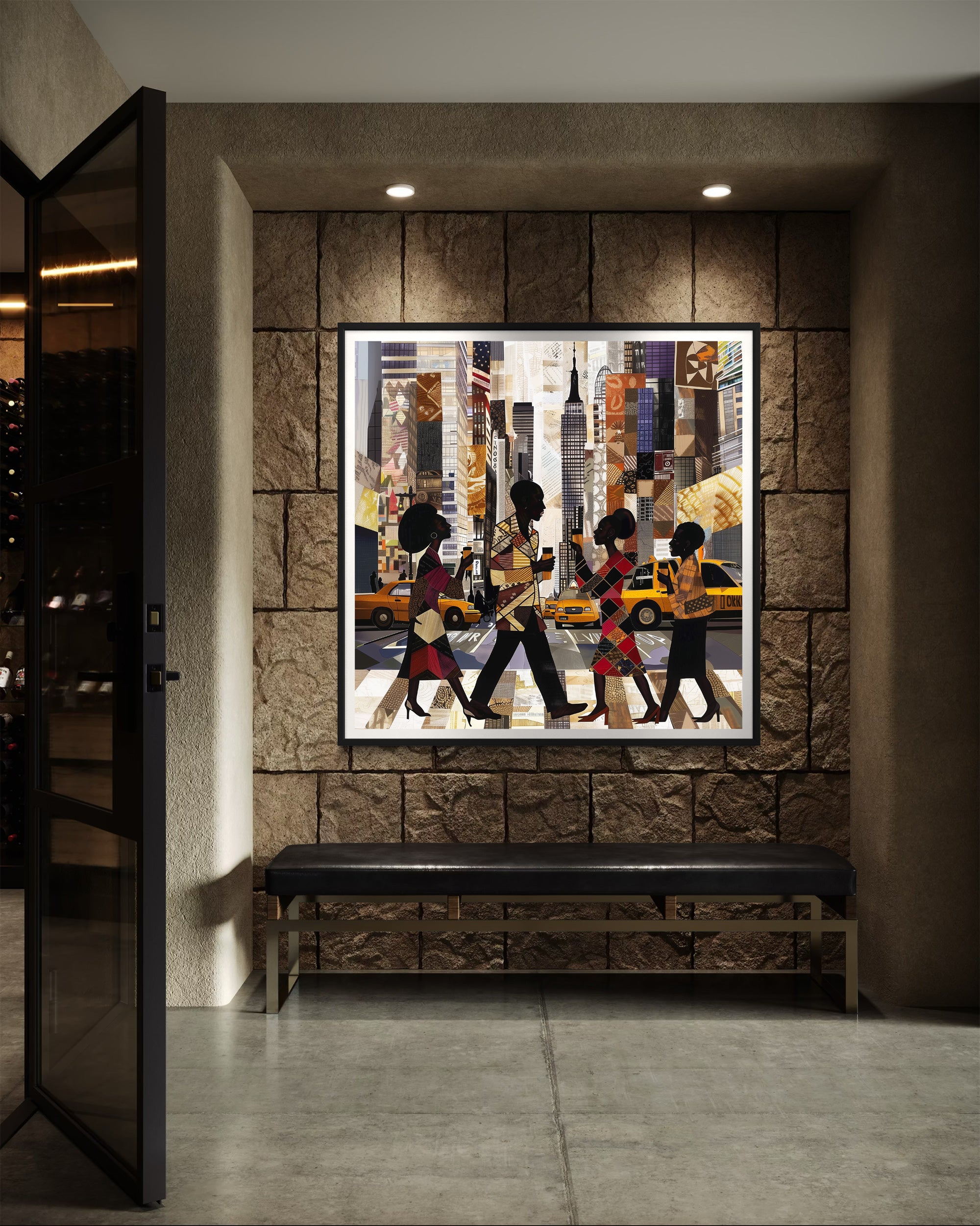 Abstract digital art print of Manhattan morning rush hour with Black figures walking to work, holding coffee cups, with yellow cabs and NYC skyscrapers in the background.