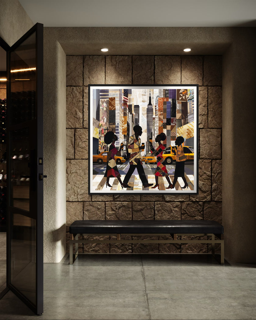 Abstract digital art print of Manhattan morning rush hour with Black figures walking to work, holding coffee cups, with yellow cabs and NYC skyscrapers in the background.