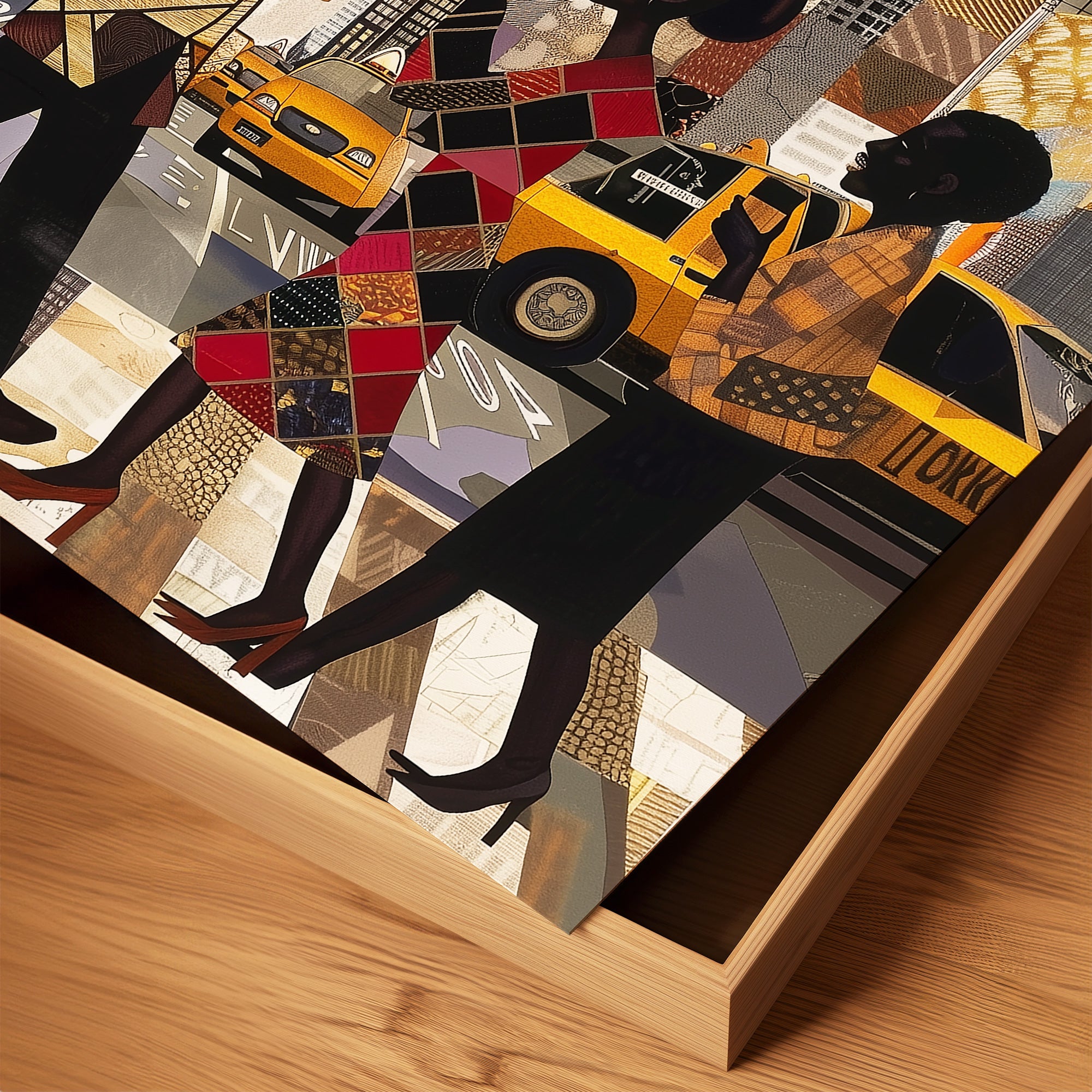 Abstract digital art print of Manhattan morning rush hour with Black figures walking to work, holding coffee cups, with yellow cabs and NYC skyscrapers in the background.