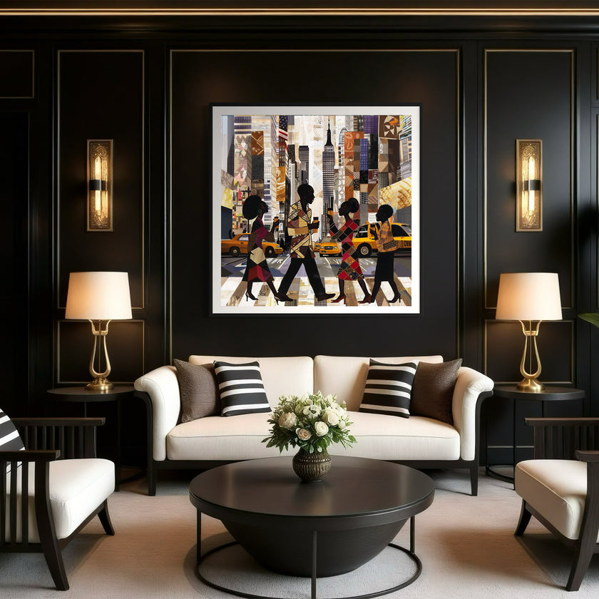 Abstract digital art print of Manhattan morning rush hour with Black figures walking to work, holding coffee cups, with yellow cabs and NYC skyscrapers in the background.