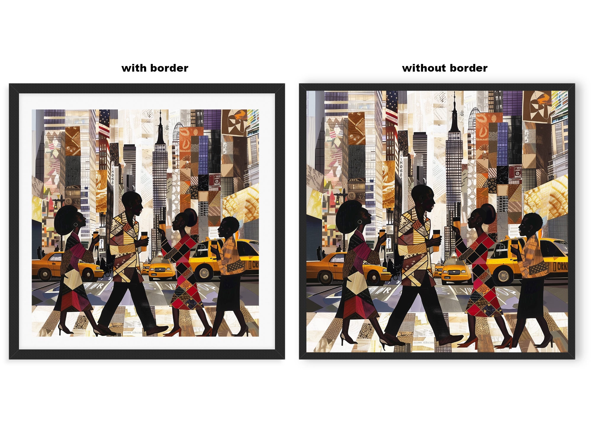 Abstract digital art print of Manhattan morning rush hour with Black figures walking to work, holding coffee cups, with yellow cabs and NYC skyscrapers in the background.