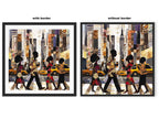 Abstract digital art print of Manhattan morning rush hour with Black figures walking to work, holding coffee cups, with yellow cabs and NYC skyscrapers in the background.